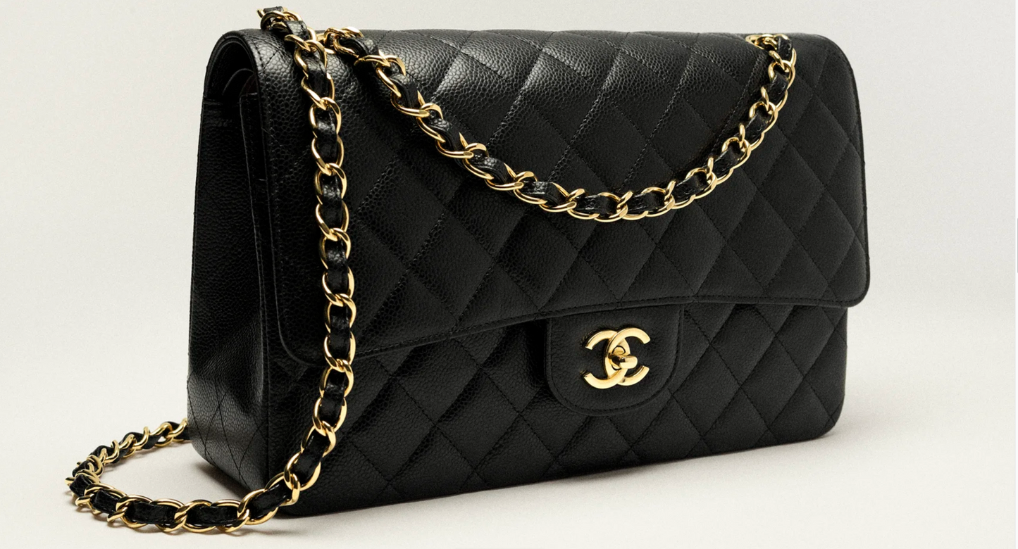 CHANEL Classic Handbag Grained Calfskin jumbo size  Black