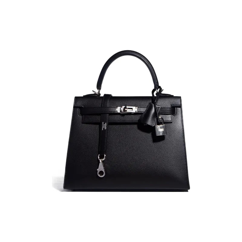 HERMES Kelly 25 Bag Epsom Leather Handbag (20,25,28,32) Silver hardware - black